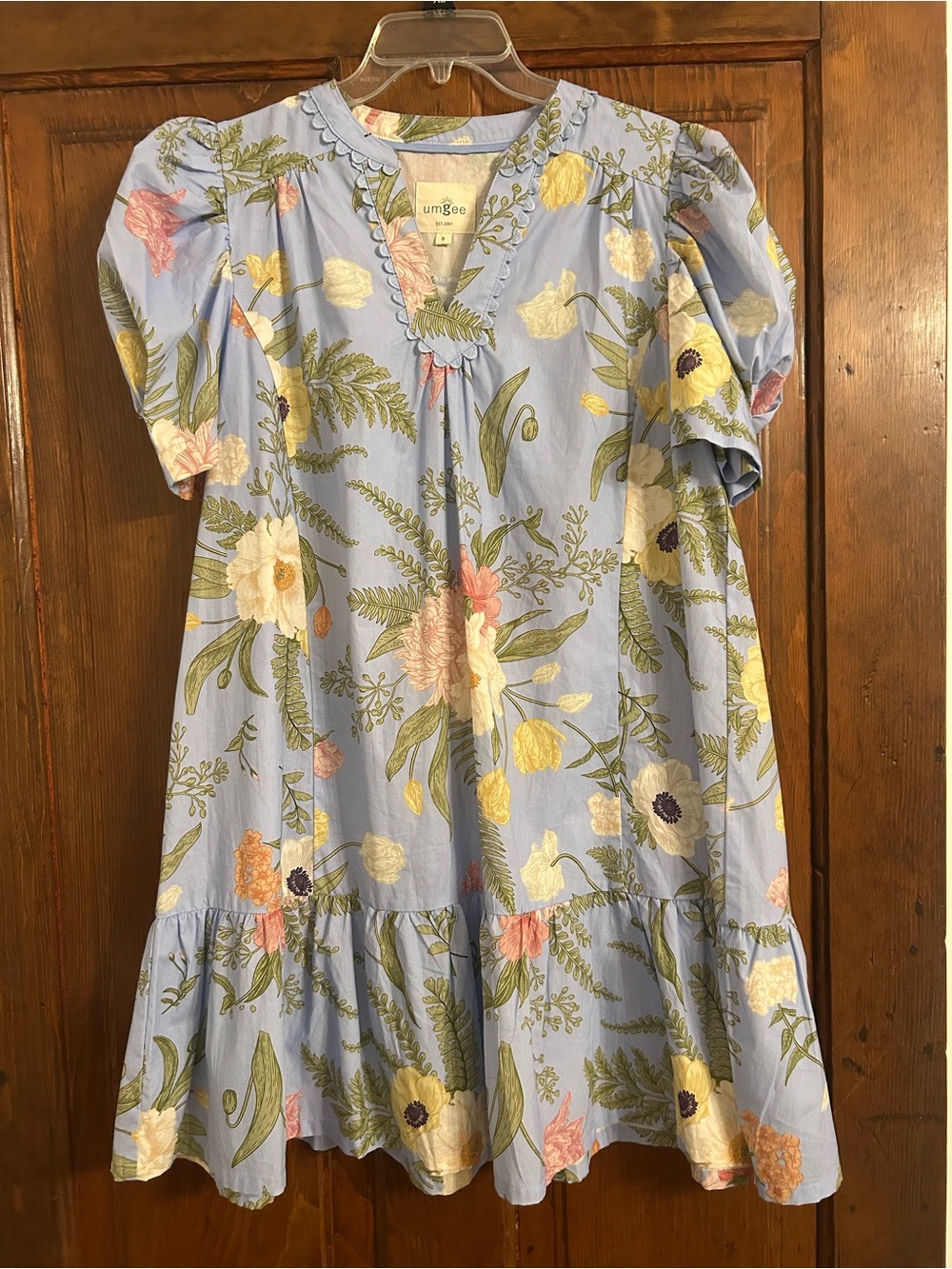 Umgee Sky Blue Floral Puff-Sleeve Ruffle Dress